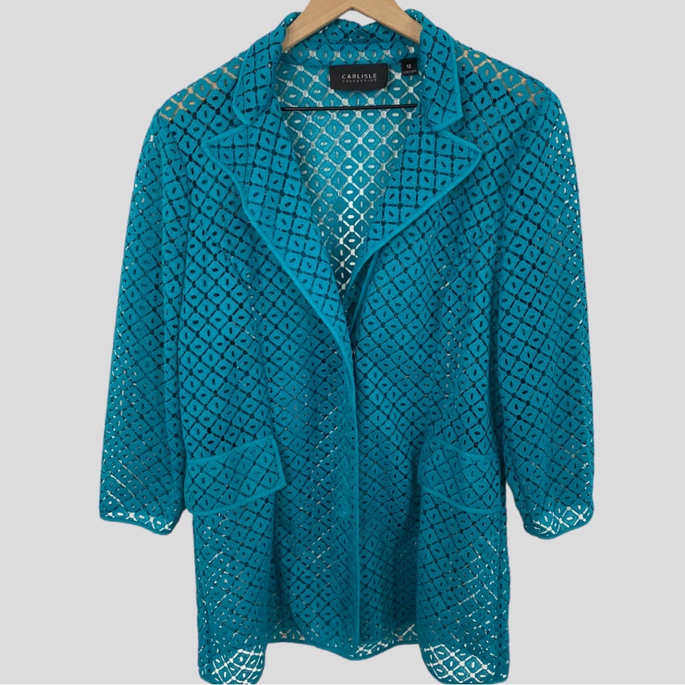 Carlisle Collection Teal See Through Diamond Print Jacket Size 12